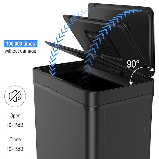 50L / 13 Gallon Smart Automatic Trash Can with Deodorizer Compartment, Stainless Steel Body and Mute Sensor Lid for Kitchen Office Living Room and More, Assemble Large Capacity Garbage Can - Black
