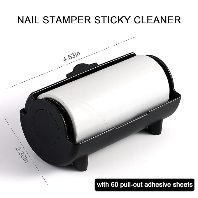 Nail Stamper Sticky Cleaner Roll with Case, Adhesive Paper Stickers for Stamping Gel Polish Removal, Lint Roll Cleaning Sheets, Nail Stamper Accessories Manicure Salon Supplies (Black)