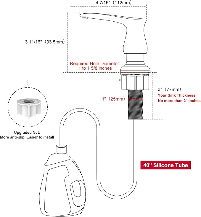 GAGALIFE Kitchen Sink Soap Dispenser Brushed Nickel, Under Sink Soap Dispenser with 40" Silicone Extension Tube Kit,Say Goodbye to Frequent Refills