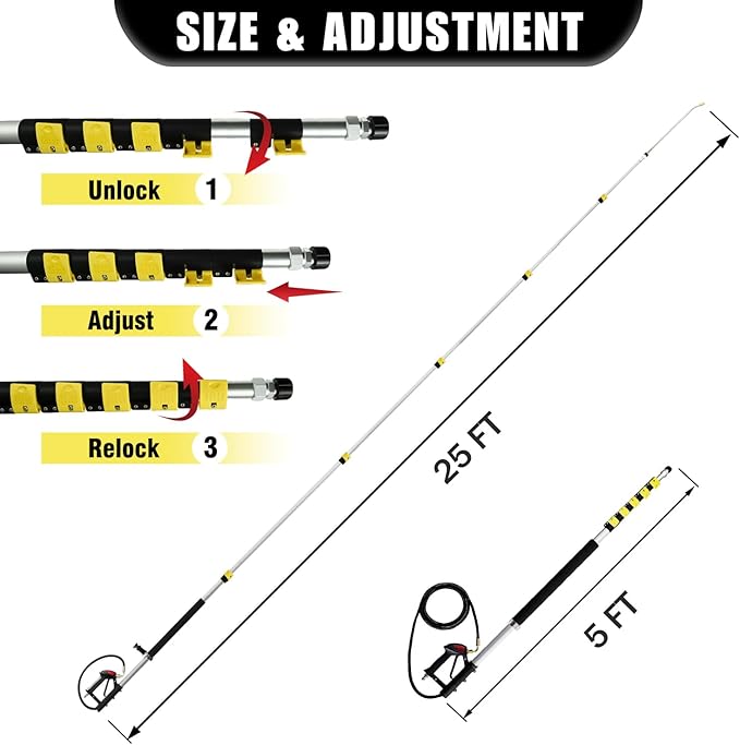 JANZ 25 FT Pressure Washer Telescoping Wand with Power Washer Extension Wands, Brush Head, Gutter Cleaner, 7 Spray Nozzle Tips, 2 Hose Adapters and Support Belt