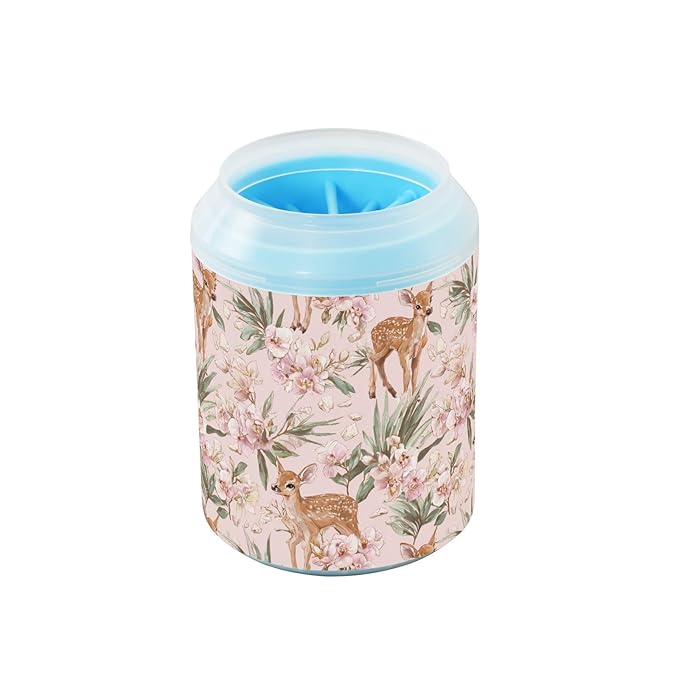 Dog Paw Cleaner Cups for Dogs Pet Foot Washer Paw Scrubber for Medium Small Large Dogs Cats Cleaning Cup Pink Deer Flowers Green Leaves