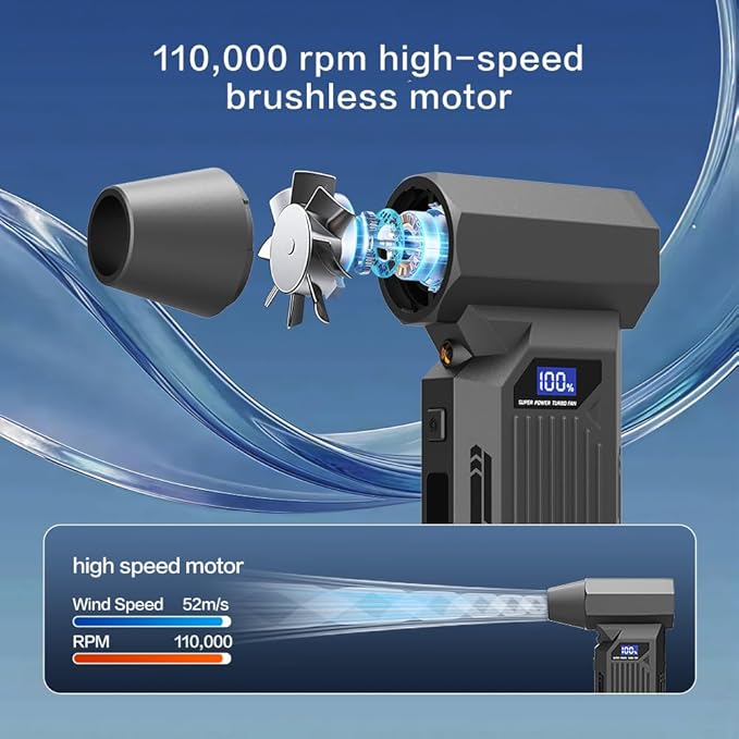Compressed Air Duster, 110000RPM Electric Jet Blower, 4-Gear Adjustable with LED Display & Light, Cordless Reusable Air Duster for Computer, Keyboard, Car Detailing & Outdoor