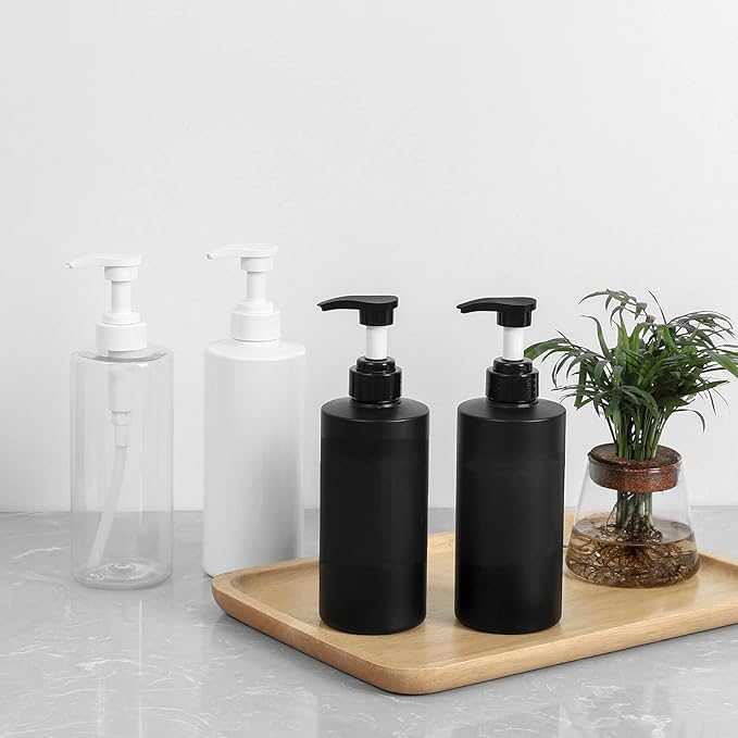 Hand Soap Dispenser Plastic Pump Bottles with Waterproof Label for Bathroom Kitchen, Empty Refillable Liquid Container, 16 oz Black 2 Pack