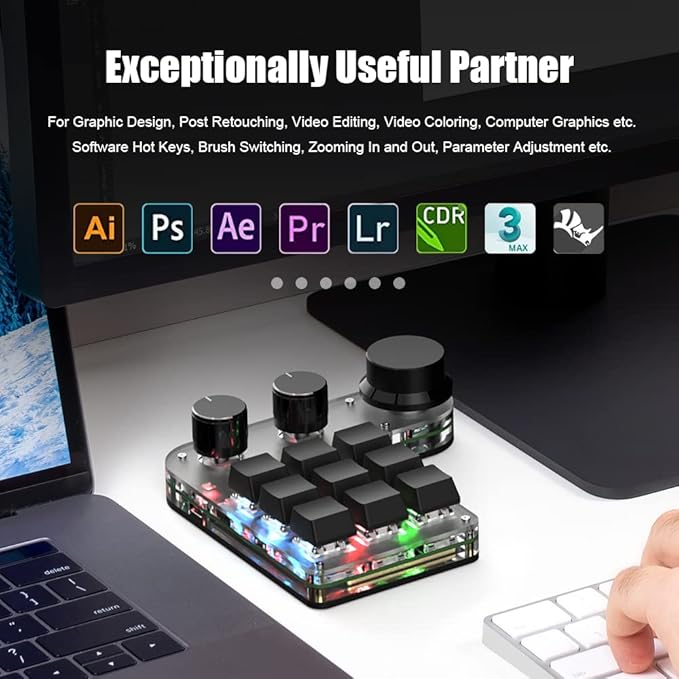 9-Keys USB Mini Keypad, Programming Macro Pad with 3 Knobs, RGB Macro Mechanical Gaming Keyboard for OSU NKRO, Hot-Keys One-Handed Mechanical Keyboard (9Key 2.4G)