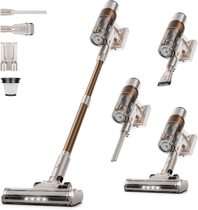 Cordless Vacuum Cleaner: 40KPA Powerful Suction Cordless Stick Vacuum Cleaners for Home, Anti-Tangle Brush, Lightweight, 6-in-1 Rechargeable Vacuum for Pet Hair/Carpet/Hard Floor(Off-White)