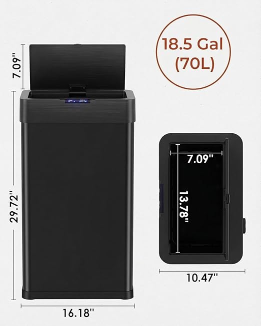 TLSUNNY 18.5 Gallon Motion Sensor Trash Can,Touchless Automatic Garbage Can,Brushed Stainless Steel Smart Bin,with Bag Holder,Soft Close Lid,for Kitchen,Office,RV,Bedroom,Living Room (Black, 70L)