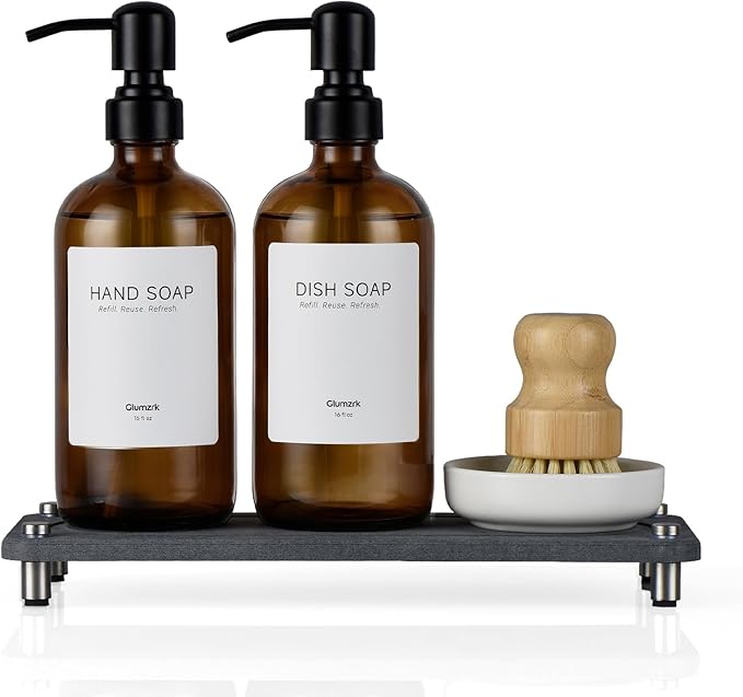 2 Pack Kitchen Soap Dispenser Set - 16oz Amber Glass Dish and Hand Soap Dispenser with Stainless Steel Pump, Instant Dry Tray, Dish Brush & Holder, Refillable Countertop Sink Decor for Kitchen & Bath