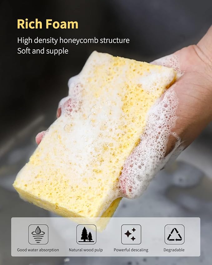Cellulose Sponges,Heavy Duty Scrub Kitchen Sponge,Clean Tough Messes Without Scratching Sponges Kitchen,Pop Up Eco Sponges DIY Orange (6 Pack)