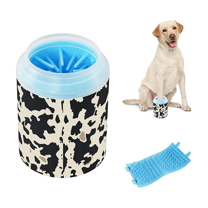 Dog Paw Cleaner Cups for Dogs Pets Foot Washer Paw Scrubber for Medium Small Cats Dogs Cute Cleaning Cup Beige Black Cow Print