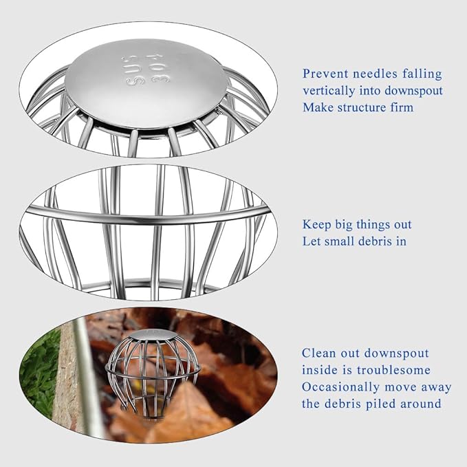 Gutter Guard, Fits for 2.8" ~ 3.7" Round Downspout, 304 Stainless Steel Rigid Filter Strainer, Stops Leaves Seeds and Other Debris, Gutter Cleaning Tool – 4 Pack