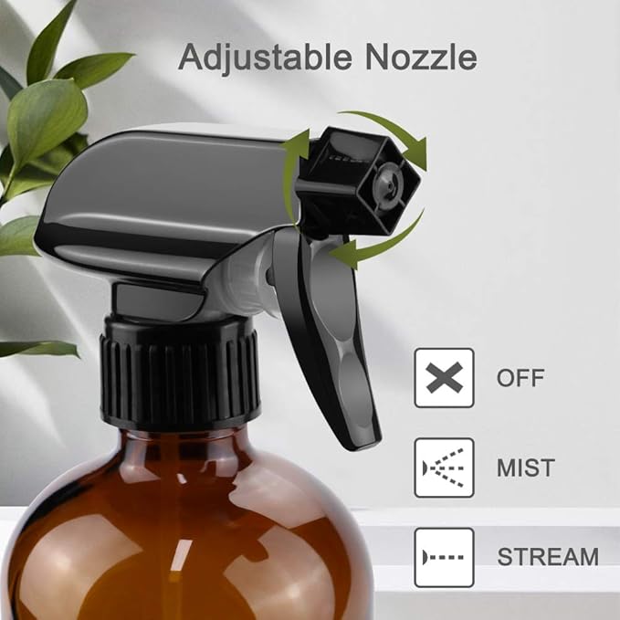 Glass Spray Bottles, 16oz Refillable Containers, Empty Boston Round Bottles with Labels & Adjustable Nozzle for Cleaning, Gardening, Aromatherapy, Pets, Plant, Hair -Amber (2 Pack)