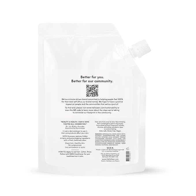 SEEN Shampoo Eco-Refill, Fragrance Free - Non-Comedogenic Hair Shampoo- Dermatologist-Developed - Safe for Sensitive, Eczema & Acne Prone Skin