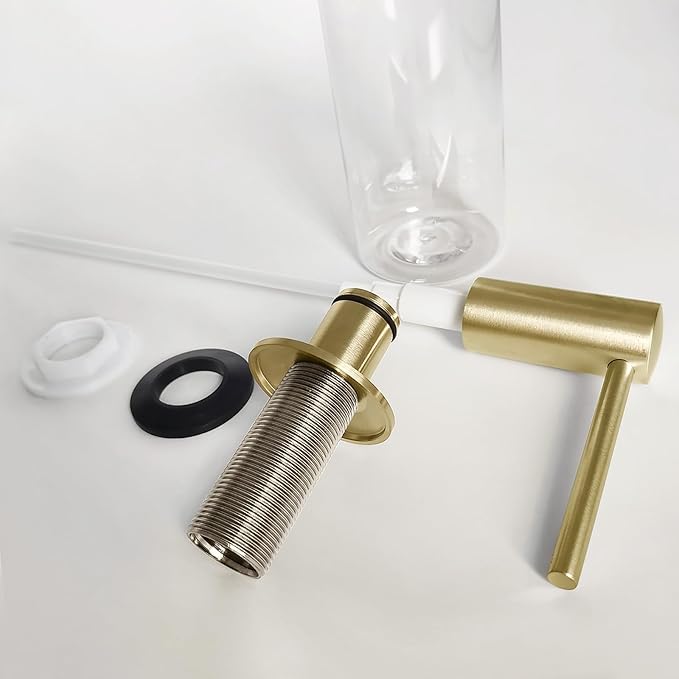 Brushed Gold Built in Dish Soap Dispenser for Kitchen Sink with 17 OZ PET Soap Bottle Refill from The Top, Under Counter Brass Pump Head Liquid Lotion Dispenser, Undermount Copper Pump Head