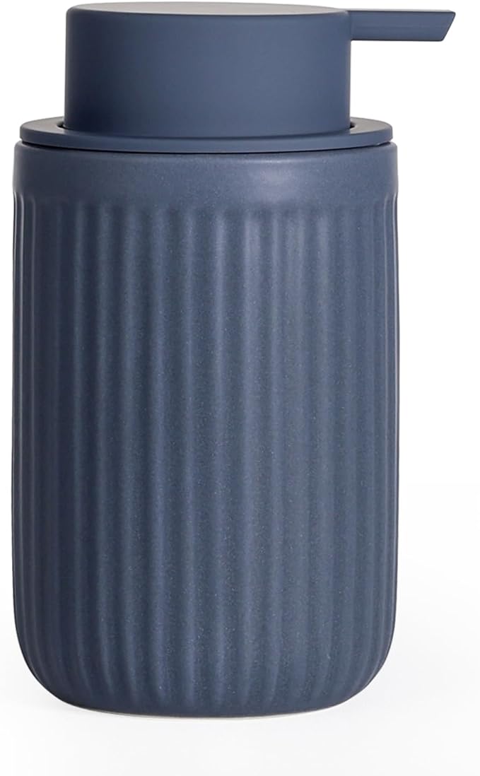 INGOFIN Ceramic Lotion Dispenser - 12oz Liquid Hand Soap Dispenser Bathroom, Modern Refillable Dish Soap Dispenser with Pump for Kitchen, Stripe Blue
