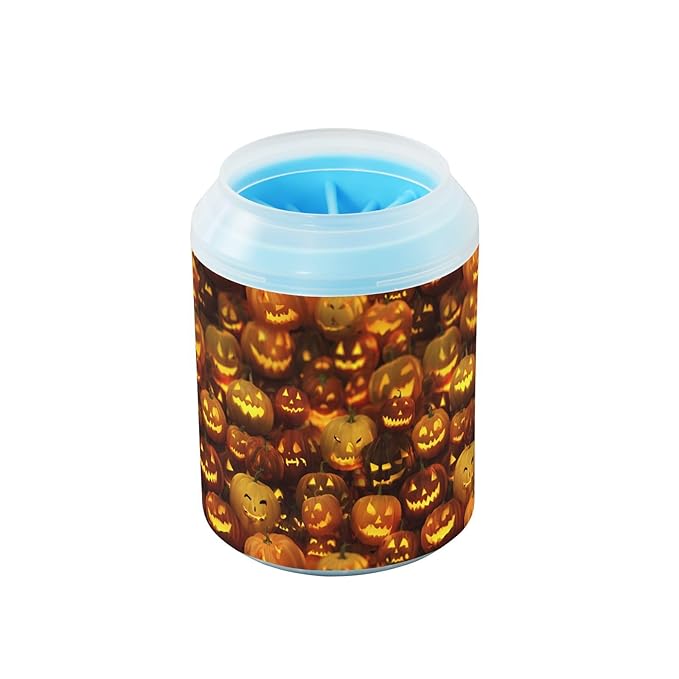Dog Paw Cleaner Cups for Dogs Pets Foot Washer Paw Scrubber for Medium Small Cats Dogs Cute Cleaning Cup Orange Spooky Halloween Pumpkin Lanterns