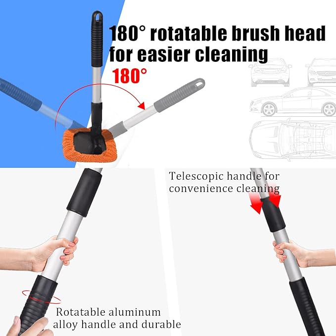 Car Glass Cleaner Wiper,Windshield Cleaning Tool, Microfiber Window Cleaner with Extendable Handle,Auto Glass Wiper Kit(Orange Square)