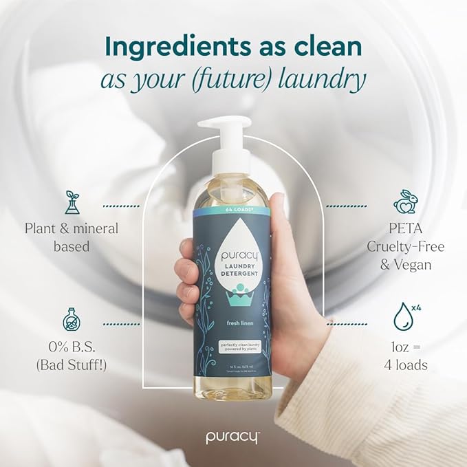 Puracy Laundry Detergent - Enzyme-Powered Liquid Laundry Detergent Concentrate, Natural Laundry Detergent Seen on TikTok, Non-Toxic (Fresh Linen, 16 fl oz, 64 Loads)