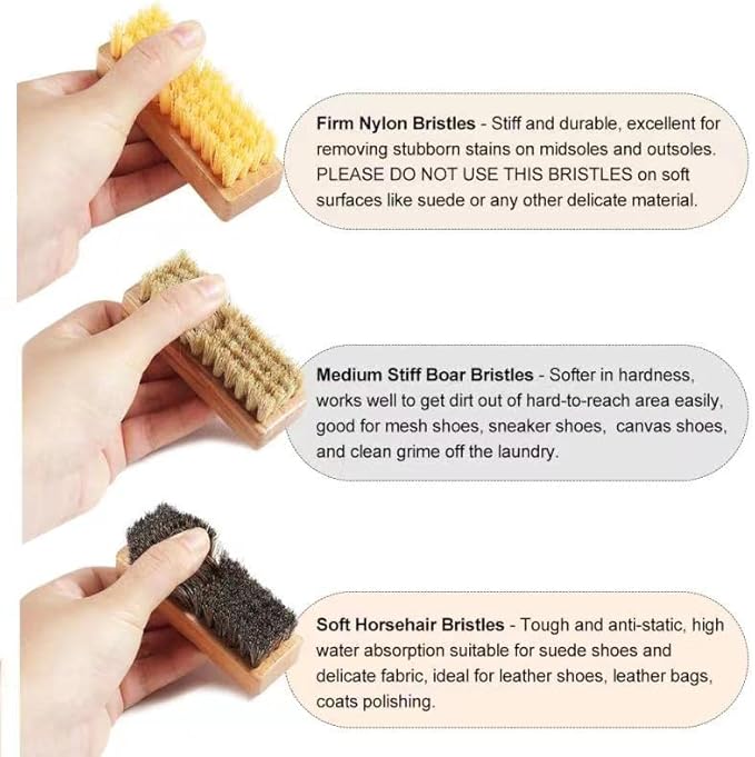 Shoe Cleaning Brush Set with Nylon, Boar and Horsehair Bristles, Wooden Sneaker Cleaner Brush for Leather, Suede, Canvas, Textile, Bags and Accessories - 3 Pack