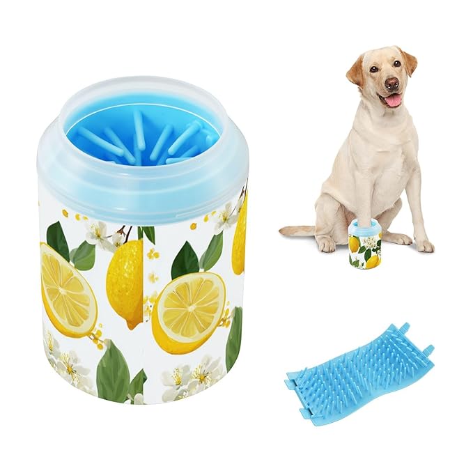 Dog Paw Cleaner Cups for Dogs Pet Foot Washer Paw Scrubber for Small Medium Large Dogs Cats Cleaning Cup Yellow Lemon Flowers
