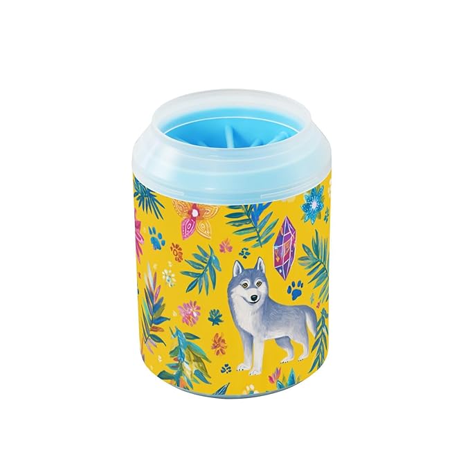 Dog Paw Cleaner Cups for Dogs Pet Foot Washer Paw Scrubber for Medium Small Large Dogs Cats Cleaning Cup Yellow Wolves Castle Paw Prints