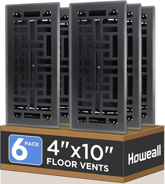 4x10 Inches 6 Pack Heavy Duty Walkable Floor Register - Easy Adjust Air Supply Lever Decorative Floor Vent Covers, Seattle Design Vent Covers for Home - Matte Black