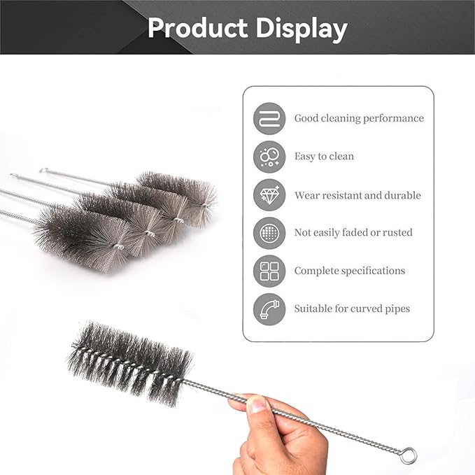 12 Inch Pipe Cleaning Brush Set with Stainless Steel Bristles, Steel Wire Tube Brush Kit for Auto Parts Polishing, Machining, Bottles, Tubes, Etc.（50mm-2pcs）