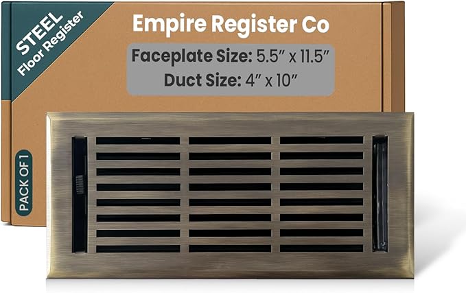 EMPIRE REGISTER CO Linear Design, Heavy Duty Floor Vent Covers, Metal Damper Attached. Vent Covers for Floor only. (Floor, Antique Brass, 4 x 10 inch (Pack of 1))
