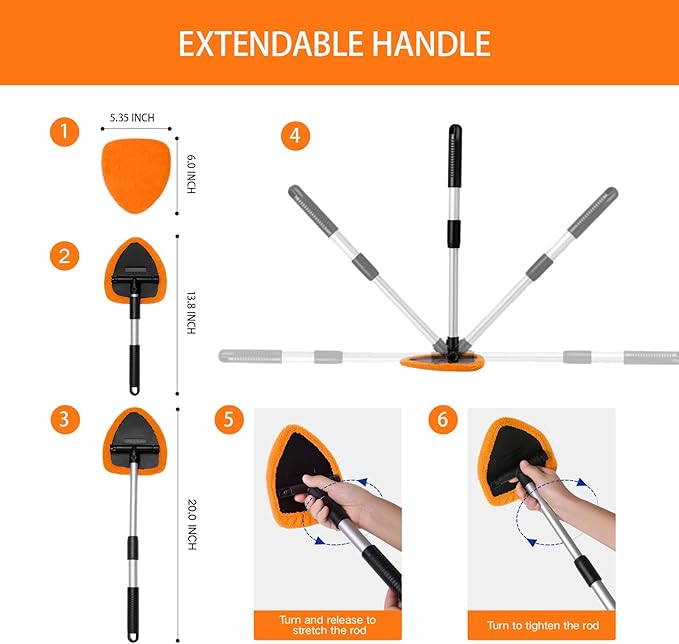7pcs Windshield Cleaner Tool Car Window Cleaning Wash Kit with 4 Reusable Microfiber Pads 1 Spray Bottle and Extendable Handle Auto Glass Wiper Kit, Orange