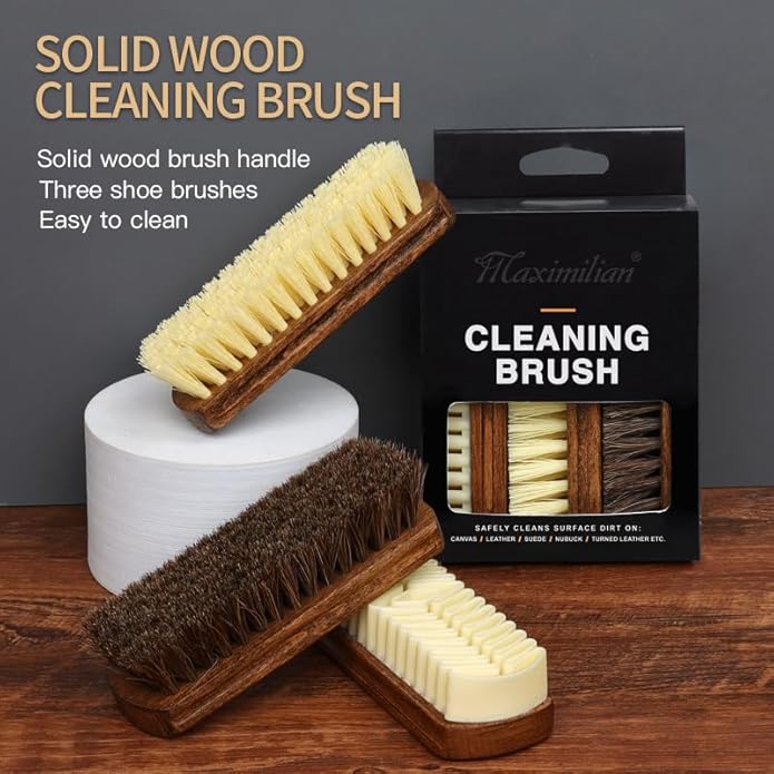 MAXIMILIAN Shoe Shine Brush Kit Horsehair Brushes for Polishing Crepe Suede Shoes Brush Soft Bristles Leather Cleaning Nubuck 3PCS Professional Shoe Polish Kit