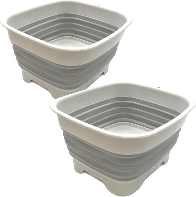 SAMMART Set of 2-9.1L (2.4Gallon) Collapsible Dishpan with Draining Plug - Foldable Washing Basin - Portable Dish Washing Tub - Space Saving Kitchen Storage Tray (2, Grey)