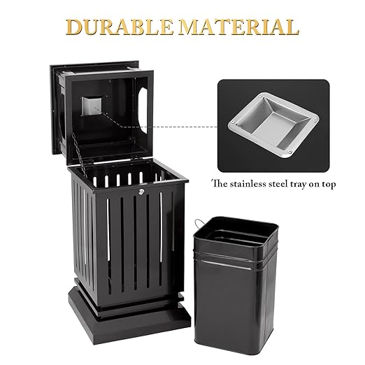 Black Stainless Steel Commercial Trash Can with Locking Lid, Heavy Duty Outdoor/Indoor Waste Container, Perforated Steel Panels, Removable Inner Bucket for Patio, Park, Garden-35.5x15.8x15.8in
