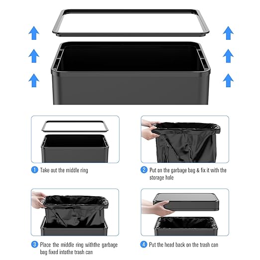 70L / 18.5 Gallon Smart Automatic Trash Can with Deodorizer Compartment, Stainless Steel Body and Mute Sensor Lid for Kitchen Office Living Room and More, Assemble Large Capacity Garbage Can - Black
