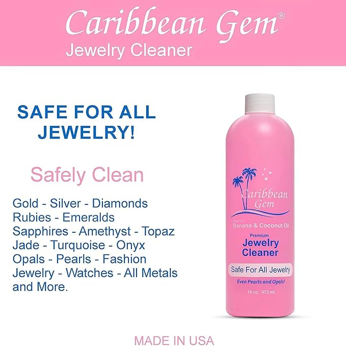 USA All Natural Banana & Coconut Oil Jewelry Cleaner with Polishing Cloth, For Gold, Silver and Precious Gems, Ammonia Free, Hypoallergenic Jewelry Cleaning Solution (16oz)
