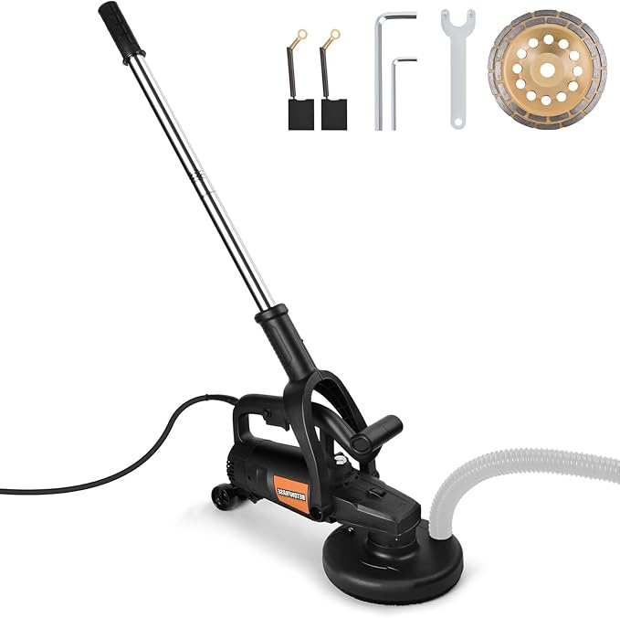 7 Inch Concrete Grinder Set with with Extendable Rod, 3800W Concrete Floor Polisher with Dust Extraction Shroud, 6 Gears, 6000RPM Concreter Surface Planner for Grinding Concrete Cement Marble