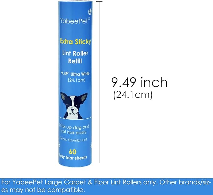 9.49'' Extra Sticky Large Lint Roller Refills, 4-Pack Giant Roller Refills for Carpets, Couch, Floor, Clothing, and Pet Hair Cleaning, 60 Sheets per Roll (240 Sheets Total)