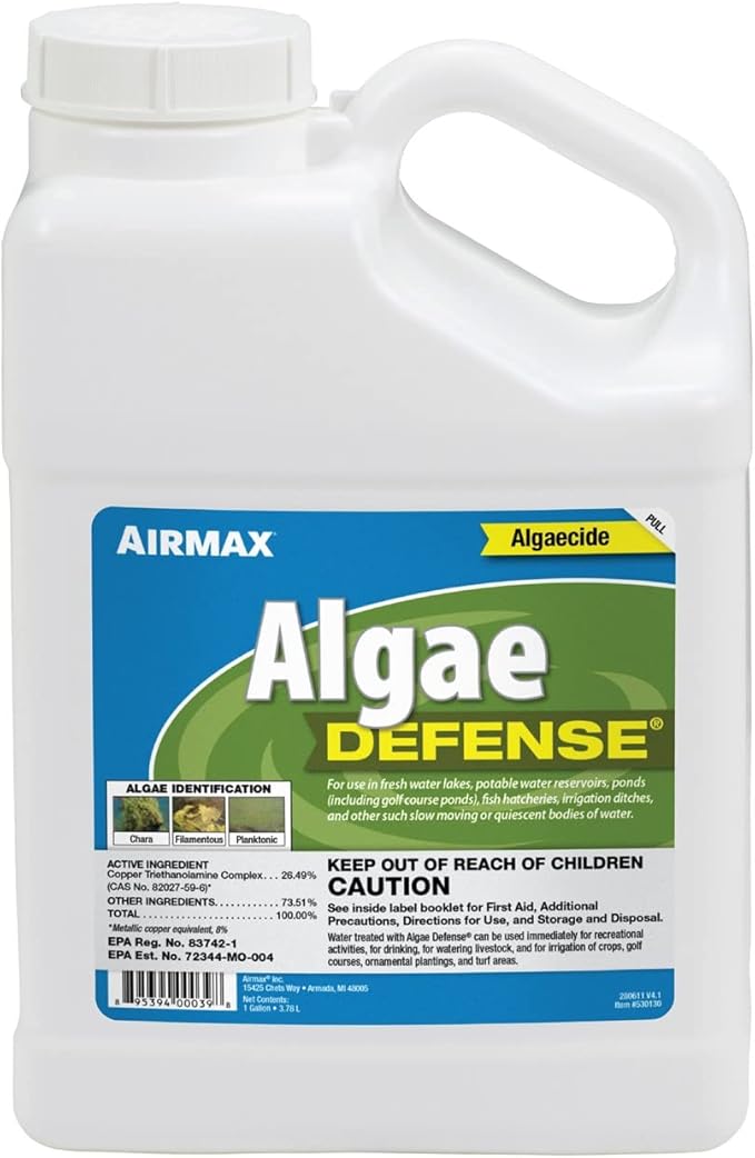 Airmax Algae Defense, EPA Registered Algaecide Pond & Lake Water Treatment, Floating Moss, Green Slime Scum & Chara Killer, Outdoor Liquid Spray Copper Based Solution, 1 Gallon