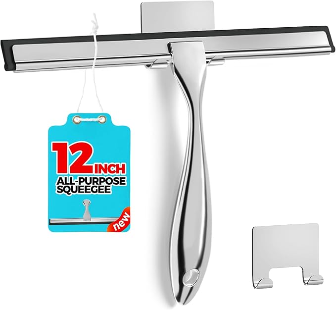 12-Inch All-Purpose Shower Squeegee for Shower Doors, Tile Shower Walls, Bathroom, Window, Glass and Car Windshield, Mirrors and Kitchen-Stainless Steel, Silver