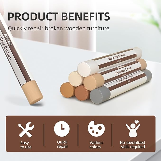 Wood Filler Sticks,6 Colors Wood Wax Crayons,Easy Repair Scratches, Scuffs, Cracks and Nail Holes on Wood Furniture, Floors, Cabinets, Tables, and Doors