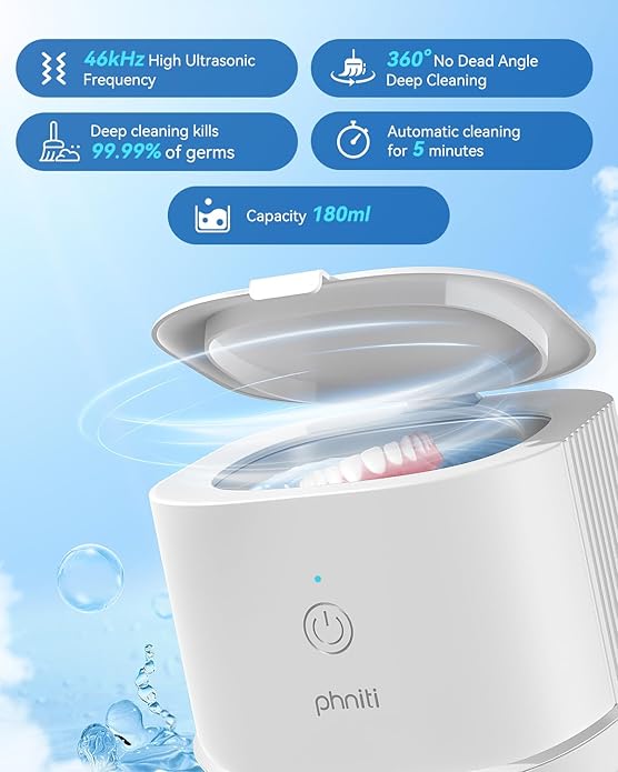 Phniti Ultrasonic Cleaner, 46kHz Ultrasonic Retainer Cleaner Professional Ultrasonic Jewelry Cleaner Machine with Timer for Dental Retainer, Mouth Guard, Watch, Ring, Diamond, White