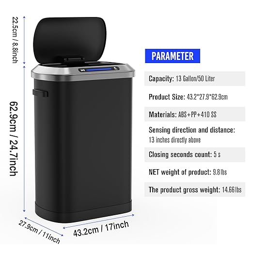 pouseayar Black 13 Gallon 50L Smart Automatic Trash Cans, Stainless-Steel Thickened Body with Super Mute Sensor Lid and 30 Count Garbage Bags for Kitchen Office Bedroom Waste Bin and More