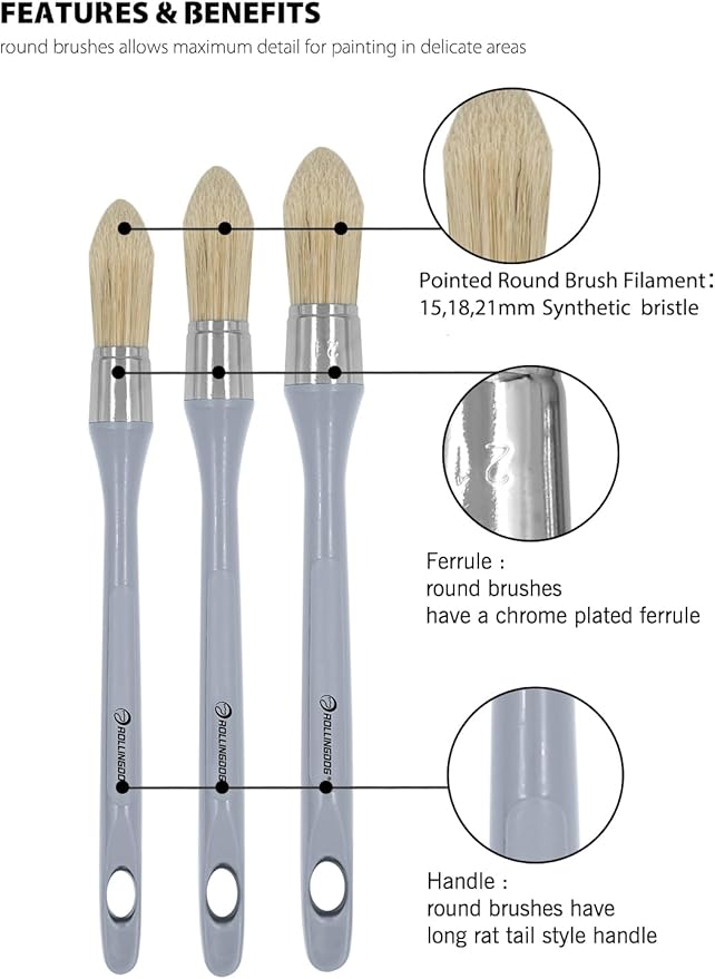 ROLLINGDOG Trim Paint Brush - Pointed Round Edge Paint Brush and Flat Paintbrush for Wall Sash,Stain,Varnish,Baseboards(Pack of 6)