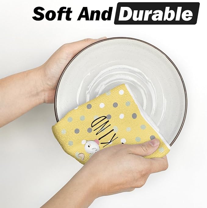 Artoid Mode Yellow Stripe Polka dots Rabbit Bunny Easter Kitchen Towels Dish Towels, 18x26 Inch Seasonal Spring Decoration Cleaning Set of 4