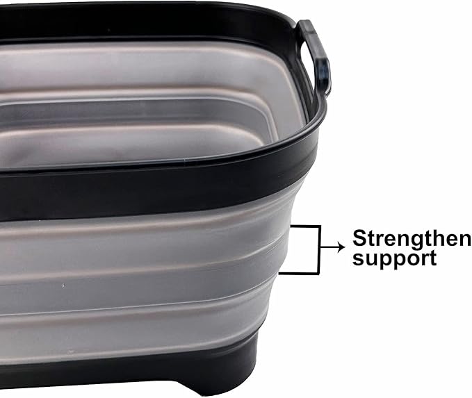 SAMMART 10L (2.64 Gallon) Collapsible Dishpan with Draining Plug - Foldable Washing Basin - Portable Dish Washing Tub - Space Saving Kitchen Storage Tray (Black/Alloy Grey)