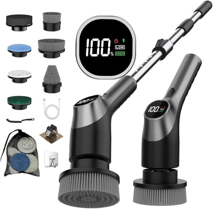 WKY-Electric Spin Scrubber - Upgraded 12-in-1 IPX7 Waterproof Shower Scrubber, Retractable Handle & 2-Speed for Toilet, Bathroom, Bathtub, Tile Floors Black