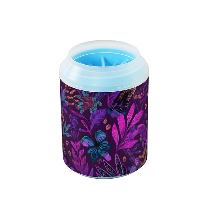 Dog Paw Cleaner Cups for Dogs Pet Foot Washer Paw Scrubber for Medium Small Large Dogs Cats Cleaning Cup Purple Birds Butterflies Colorful Plants