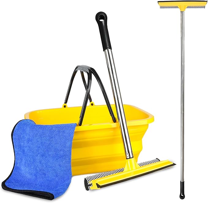 Windshield Car Squeegee and Collapsible Washing Bucket Combo Set, 2 in 1Window Squeegee with Long Handle