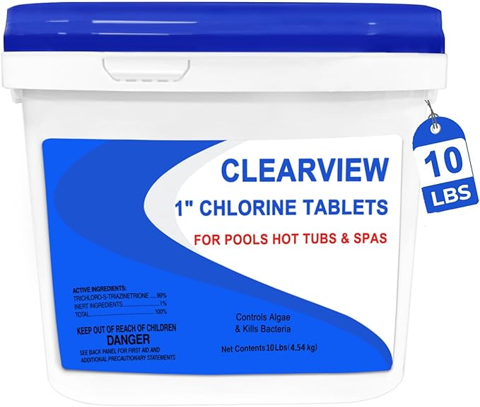 ClearView Chlorine Tablets 1 Inch 10 Lbs for Swimming Pools, 1" Chlorinating Tablets for Spa Hot Tub Chemicals Pool Chlorinating Sanitizer, Kills Bacteria Controls Algae