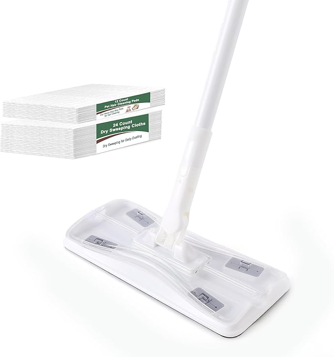 Eyliden Dust Mop, Sweeping & Mopping Kit with 58" Extended Long Handle, 36 Disposable Dry Cloths, Multi Surface Sweeper Mops for Hardwood, Tile, and Vinyl Floor Cleaning, Iron Handle, White