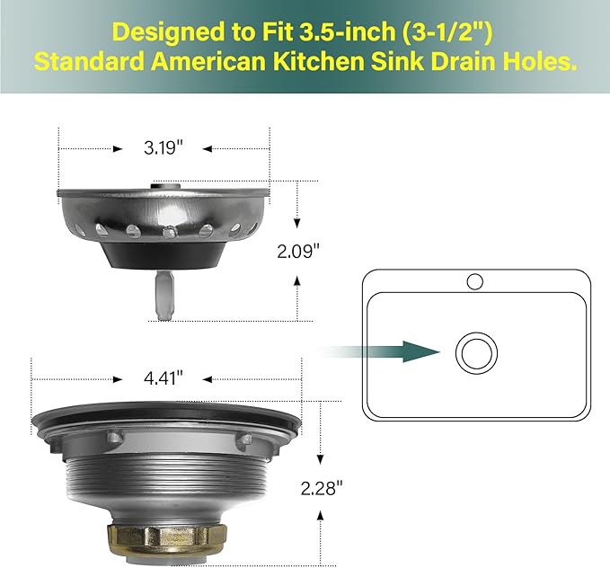 Kitchen Sink Drain Assembly 3-1/2 Inch- Stainless Steel Kitchen Sink Strainer Basket with Stopper - Rustproof & Leak-Proof Design for Standard American Drain Holes, Polish Finish