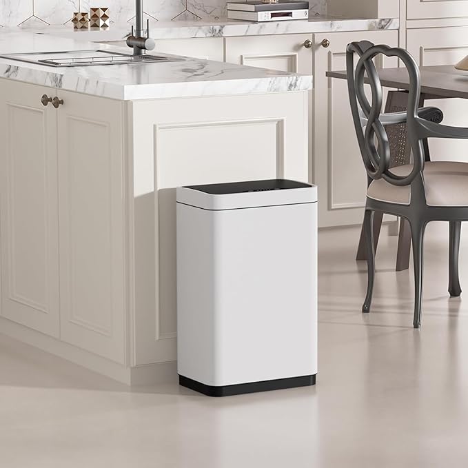 Mbillion Automatic Touchless 15 Gallon Motion Sensor Trash Can Stainless Steel Smart Trash Cans with Lid Rectangular Garbage Can for Kitchen Bedroom Home Office White